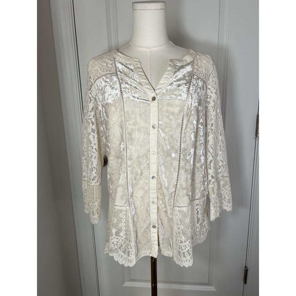 Women's Vintage America Ivory White Velvet Loaded Blouse Long Sleeve Large Boho